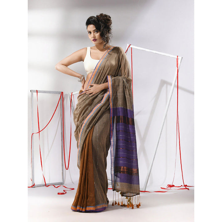 CHARUKRITI Brown Sequined Work Zari Stripe Pallu Saree with Unstitched Blouse