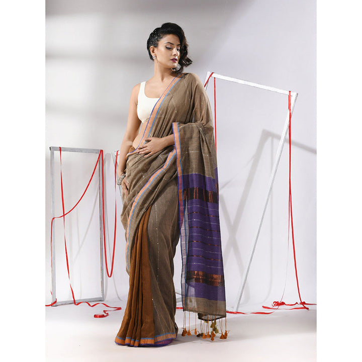 CHARUKRITI Brown Sequined Work Zari Stripe Pallu Saree with Unstitched Blouse