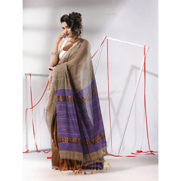 CHARUKRITI Brown Sequined Work Zari Stripe Pallu Saree with Unstitched Blouse