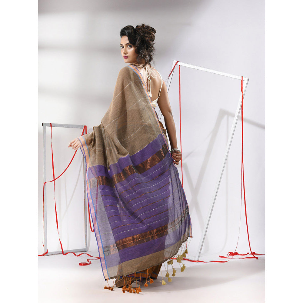 CHARUKRITI Brown Sequined Work Zari Stripe Pallu Saree with Unstitched Blouse