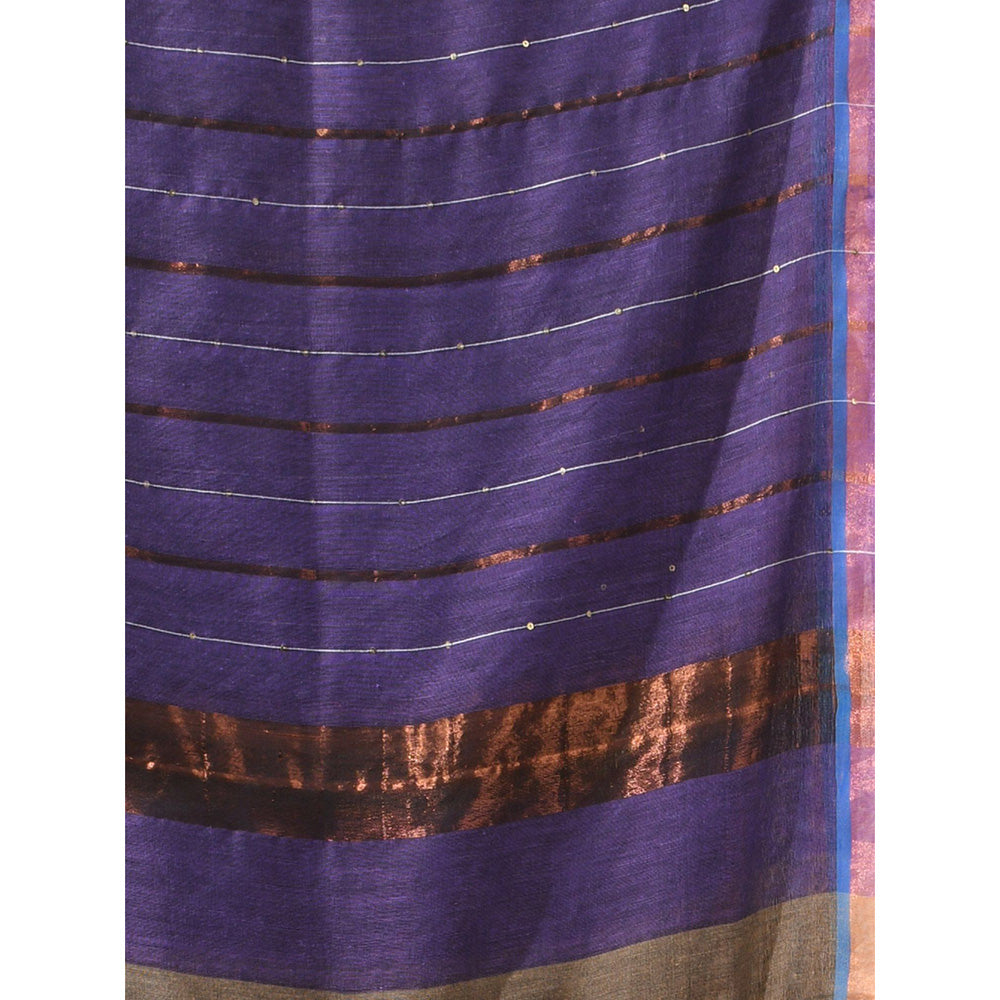 CHARUKRITI Brown Sequined Work Zari Stripe Pallu Saree with Unstitched Blouse