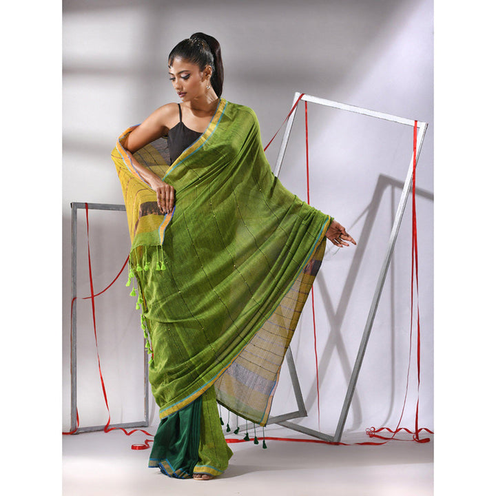 CHARUKRITI Green Cotton Sequined Work Saree with Unstitched Blouse