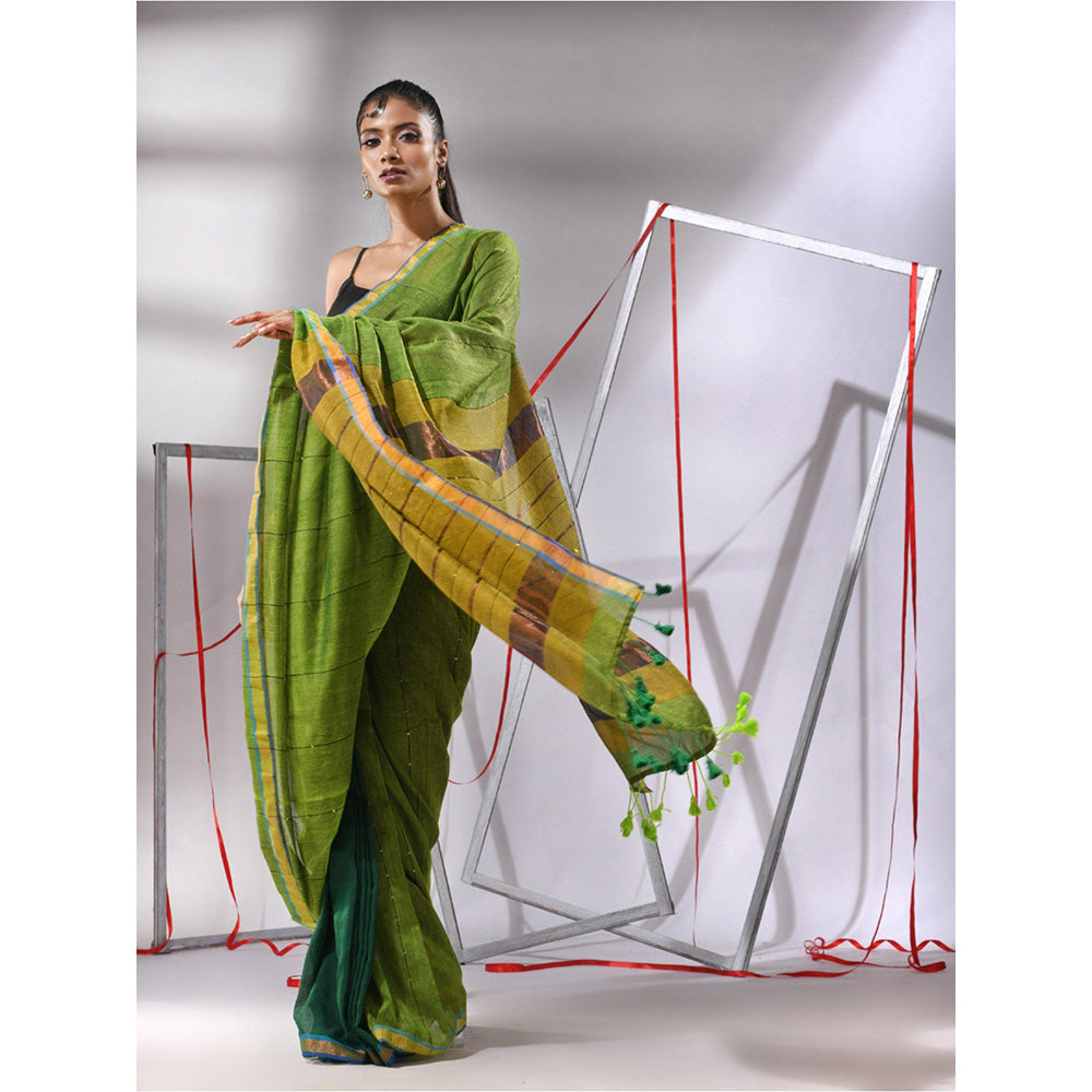 CHARUKRITI Green Cotton Sequined Work Saree with Unstitched Blouse