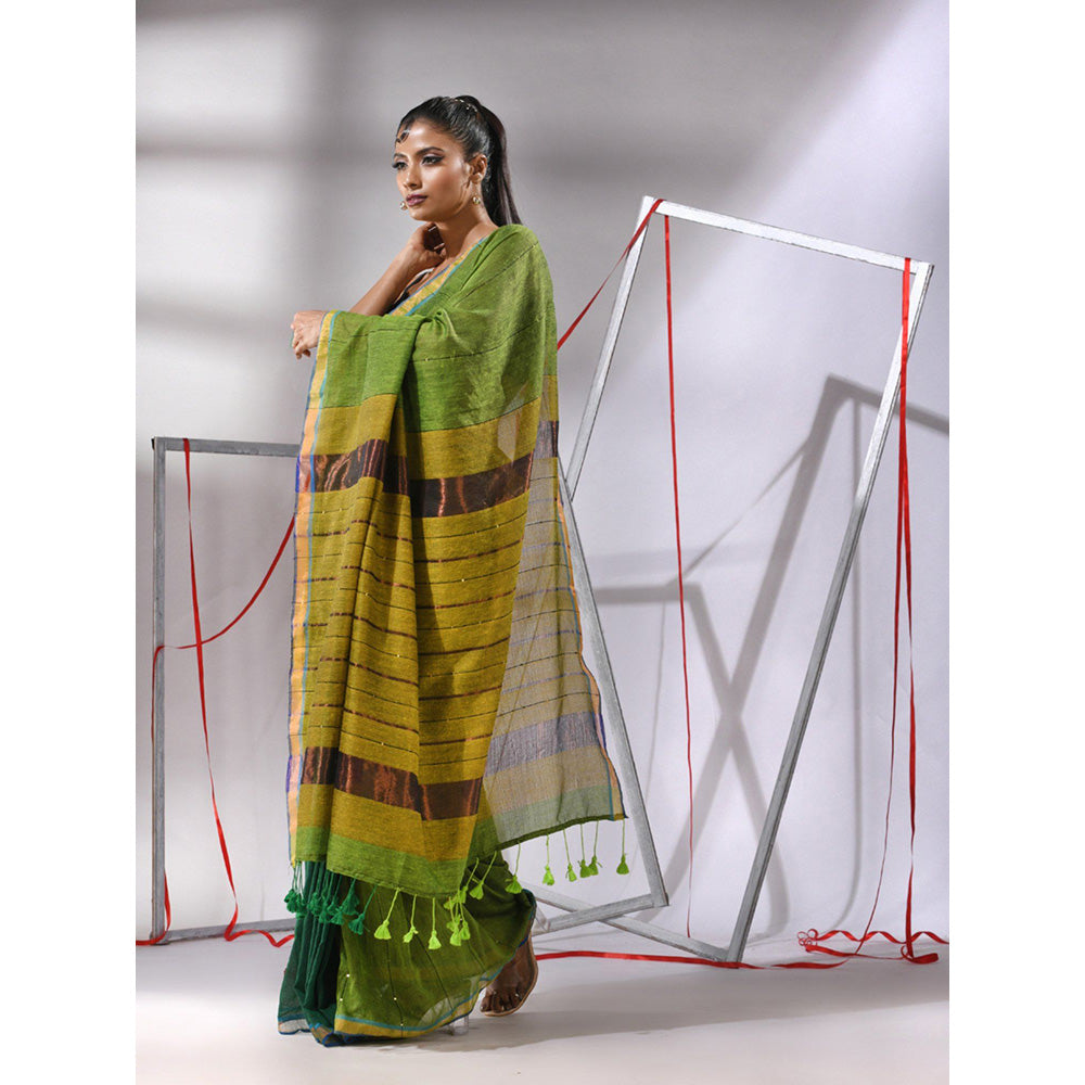 CHARUKRITI Green Cotton Sequined Work Saree with Unstitched Blouse