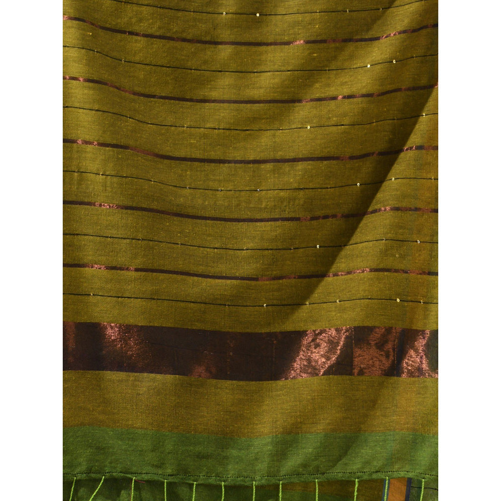 CHARUKRITI Green Cotton Sequined Work Saree with Unstitched Blouse