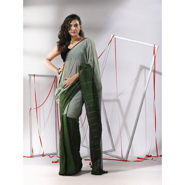 CHARUKRITI Sage Green Cotton Stripes Pattern Sequined Work Saree with Unstitched Blouse