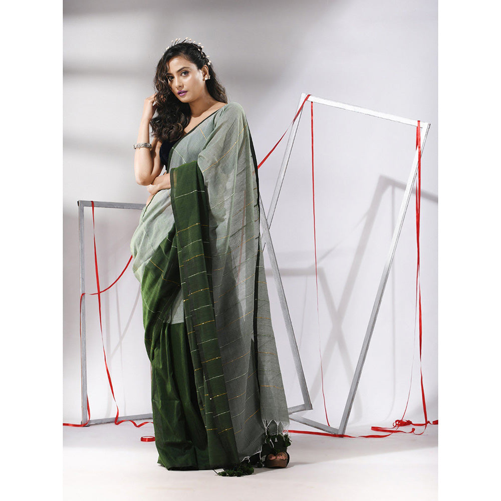 CHARUKRITI Sage Green Cotton Stripes Pattern Sequined Work Saree with Unstitched Blouse