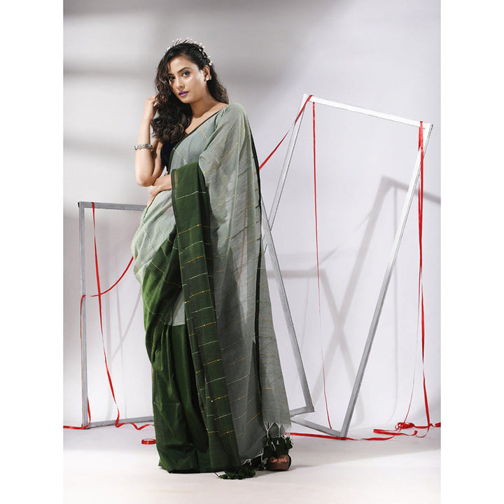 CHARUKRITI Sage Green Cotton Stripes Pattern Sequined Work Saree with Unstitched Blouse