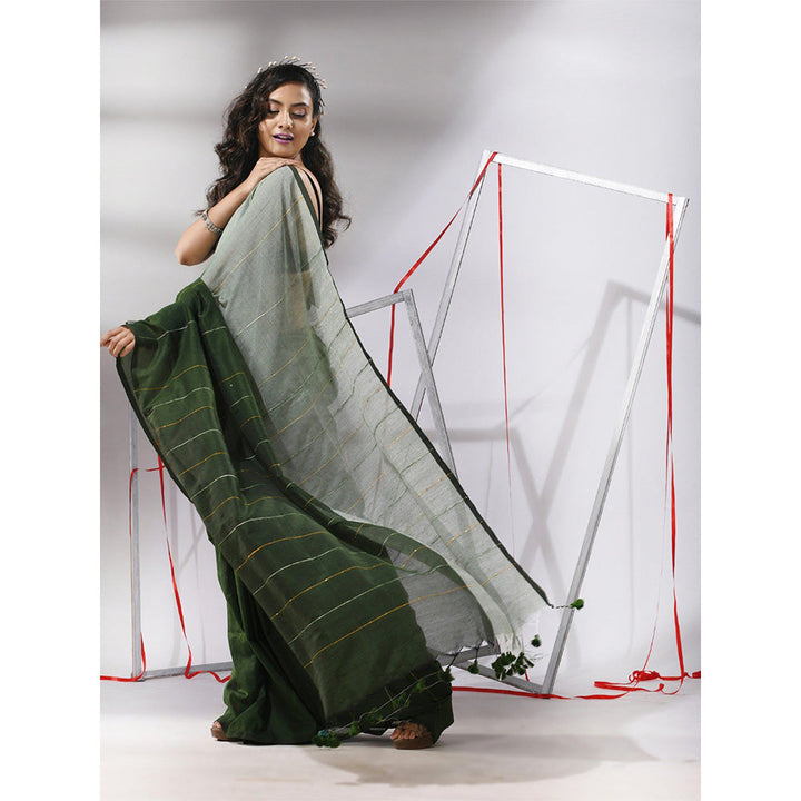 CHARUKRITI Sage Green Cotton Stripes Pattern Sequined Work Saree with Unstitched Blouse