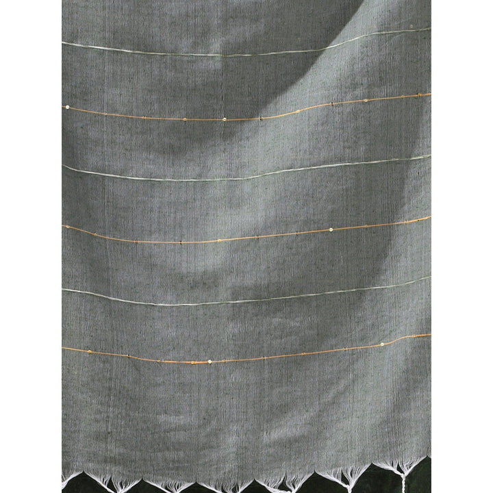 CHARUKRITI Sage Green Cotton Stripes Pattern Sequined Work Saree with Unstitched Blouse