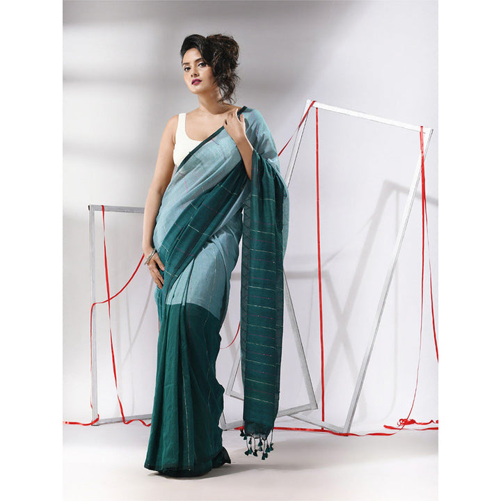 CHARUKRITI Teal Cotton Stripes Pattern Sequined Work Saree with Unstitched Blouse