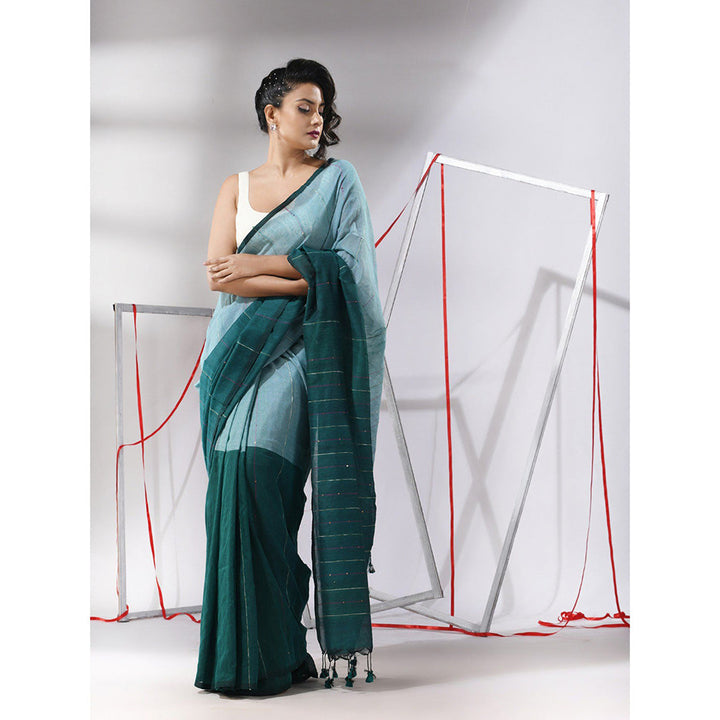 CHARUKRITI Teal Cotton Stripes Pattern Sequined Work Saree with Unstitched Blouse