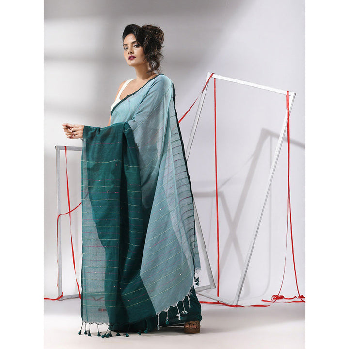 CHARUKRITI Teal Cotton Stripes Pattern Sequined Work Saree with Unstitched Blouse