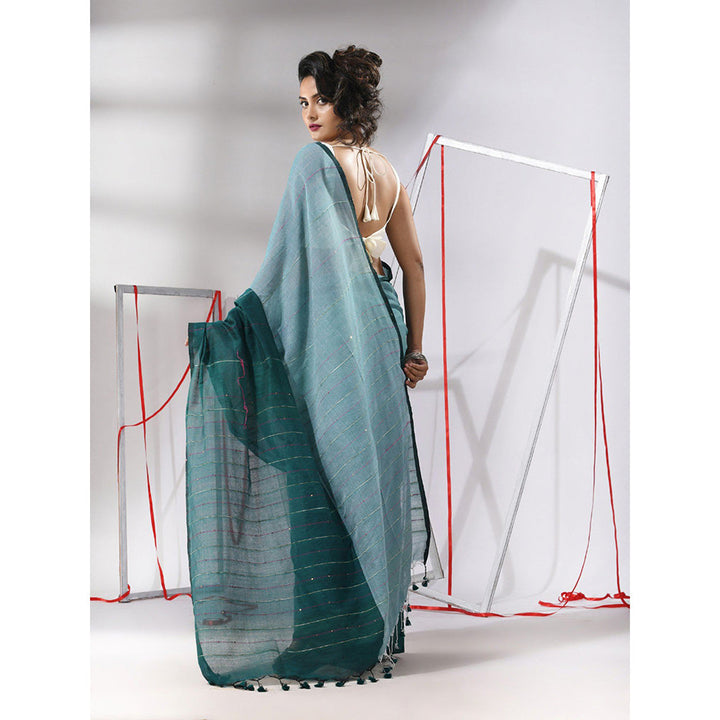 CHARUKRITI Teal Cotton Stripes Pattern Sequined Work Saree with Unstitched Blouse