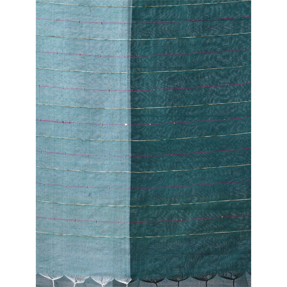 CHARUKRITI Teal Cotton Stripes Pattern Sequined Work Saree with Unstitched Blouse