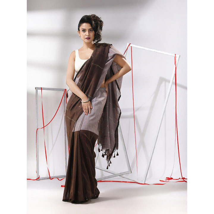 CHARUKRITI Brown Cotton Stripes Pattern Sequined Work Saree with Unstitched Blouse