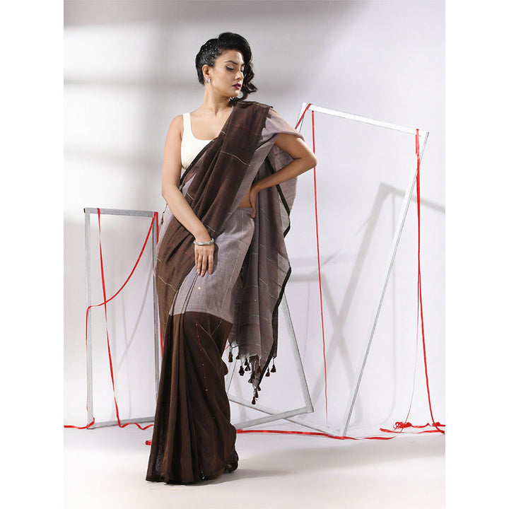 CHARUKRITI Brown Cotton Stripes Pattern Sequined Work Saree with Unstitched Blouse