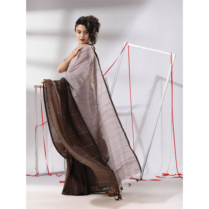 CHARUKRITI Brown Cotton Stripes Pattern Sequined Work Saree with Unstitched Blouse