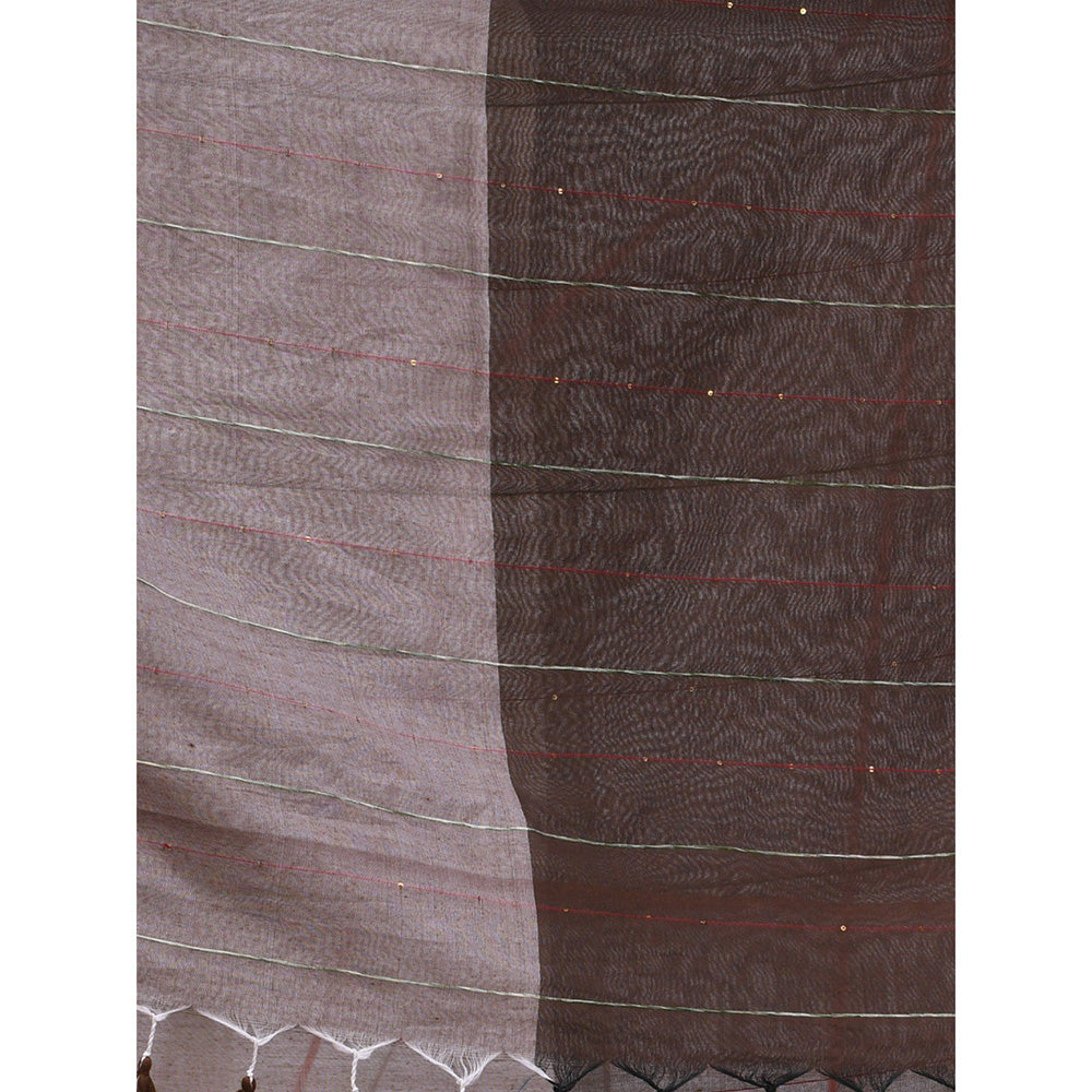 CHARUKRITI Brown Cotton Stripes Pattern Sequined Work Saree with Unstitched Blouse