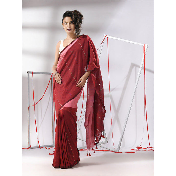 CHARUKRITI Red Cotton Stripes Pattern Sequined Work Saree with Unstitched Blouse