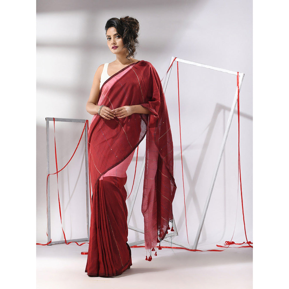 CHARUKRITI Red Cotton Stripes Pattern Sequined Work Saree with Unstitched Blouse