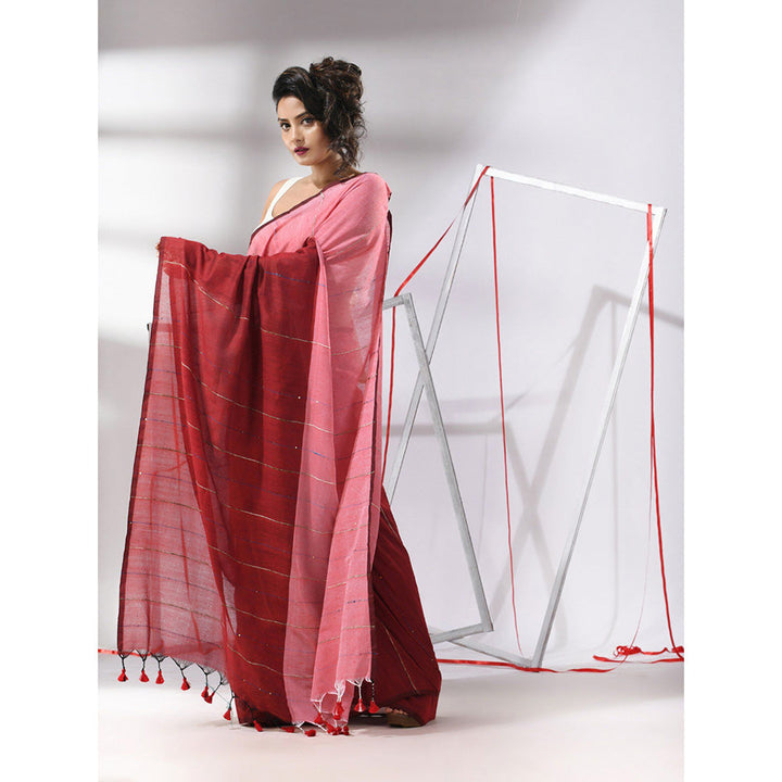 CHARUKRITI Red Cotton Stripes Pattern Sequined Work Saree with Unstitched Blouse