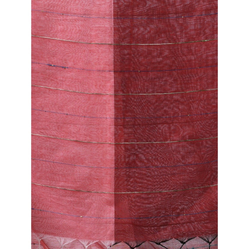 CHARUKRITI Red Cotton Stripes Pattern Sequined Work Saree with Unstitched Blouse