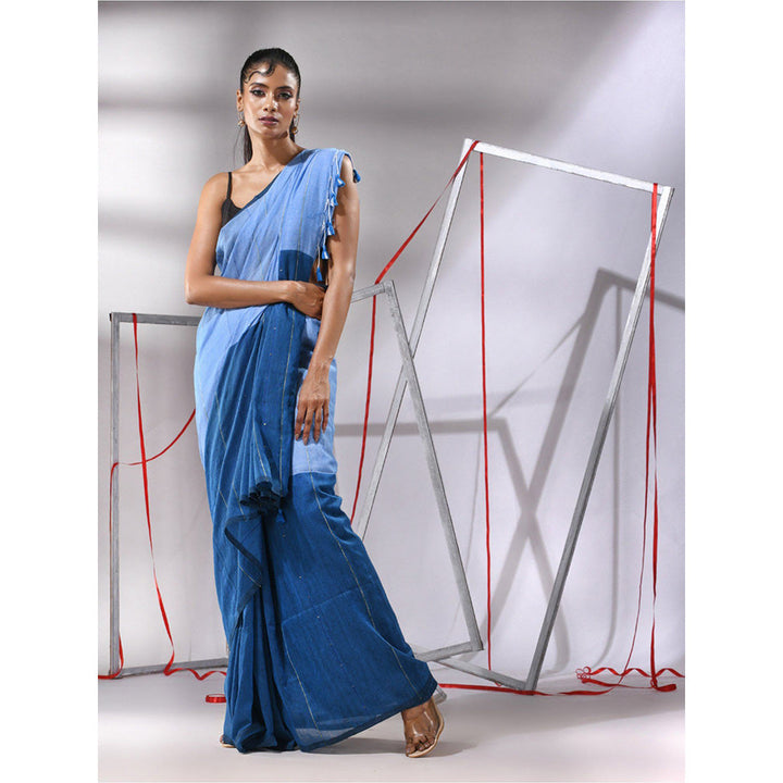 CHARUKRITI Peacock Blue Cotton Stripes Pattern Sequined Work Saree with Unstitched Blouse