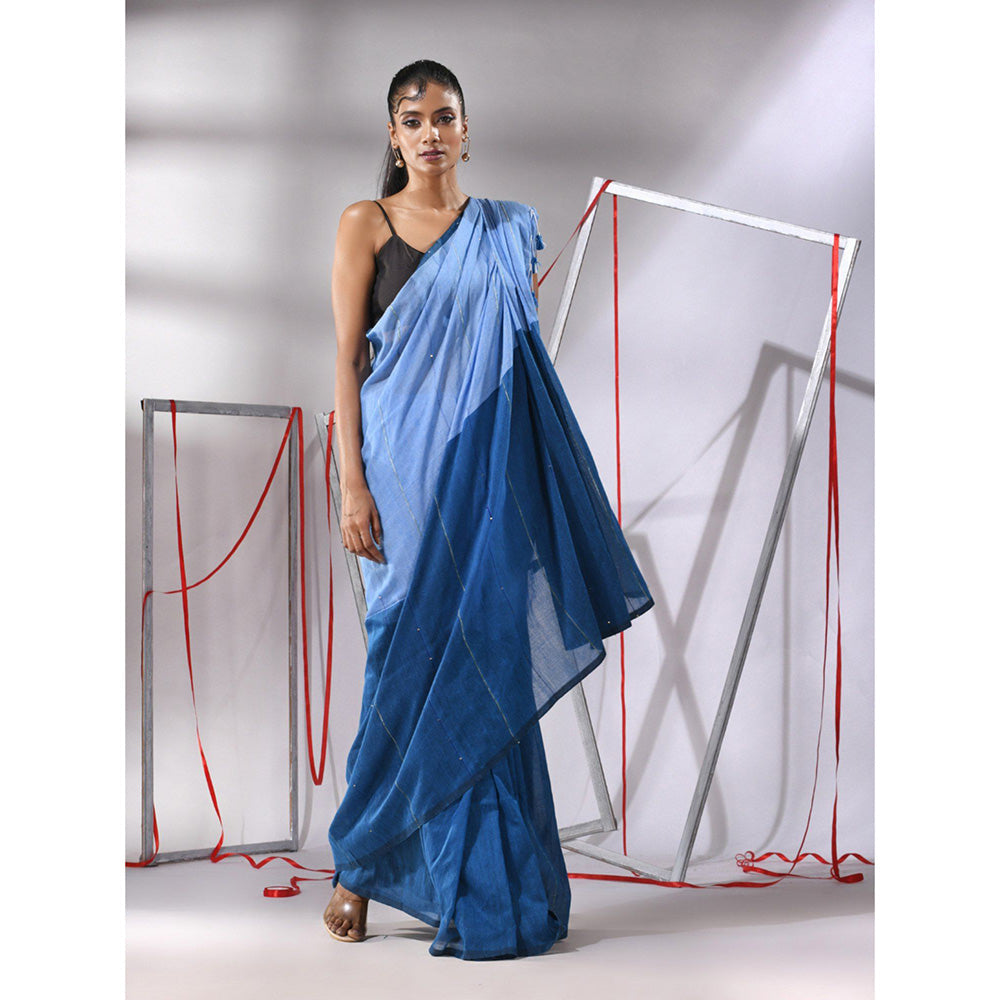 CHARUKRITI Peacock Blue Cotton Stripes Pattern Sequined Work Saree with Unstitched Blouse