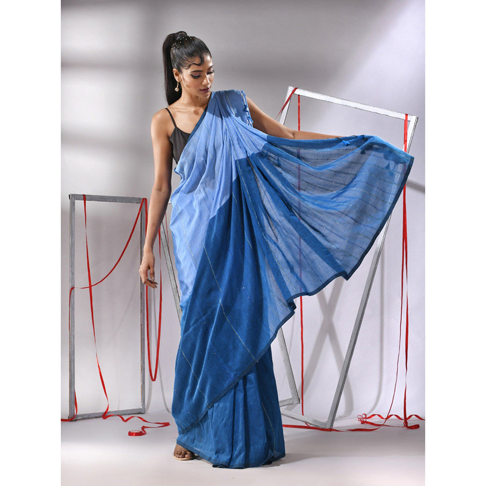 CHARUKRITI Peacock Blue Cotton Stripes Pattern Sequined Work Saree with Unstitched Blouse