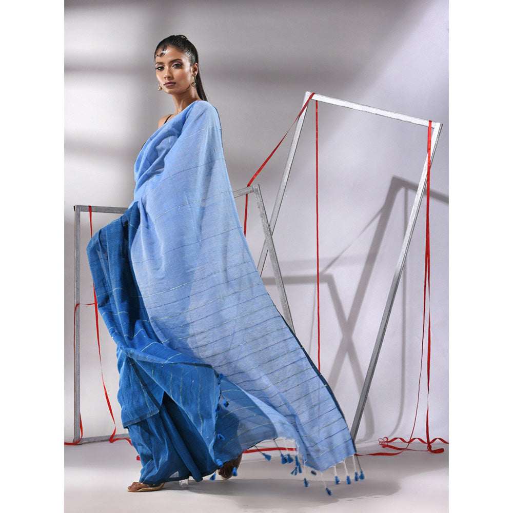 CHARUKRITI Peacock Blue Cotton Stripes Pattern Sequined Work Saree with Unstitched Blouse