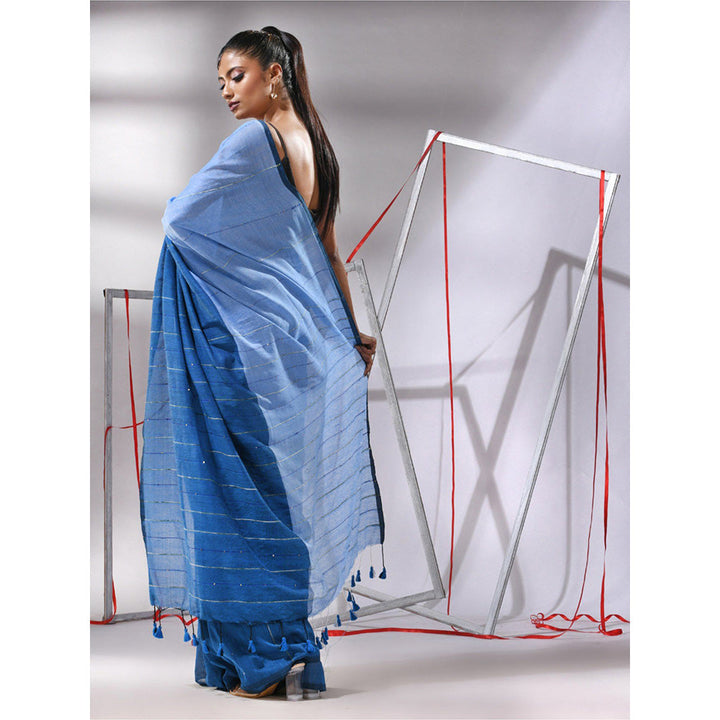 CHARUKRITI Peacock Blue Cotton Stripes Pattern Sequined Work Saree with Unstitched Blouse