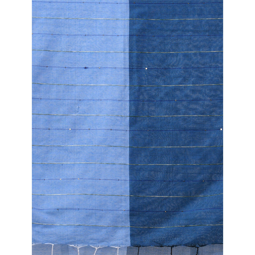 CHARUKRITI Peacock Blue Cotton Stripes Pattern Sequined Work Saree with Unstitched Blouse