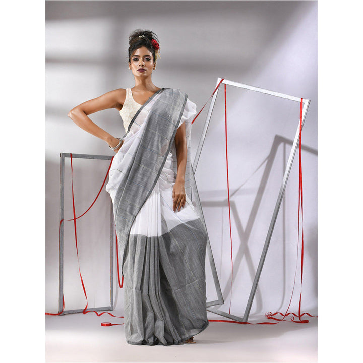 CHARUKRITI White Cotton Stripes Pattern Sequined Work Saree with Unstitched Blouse