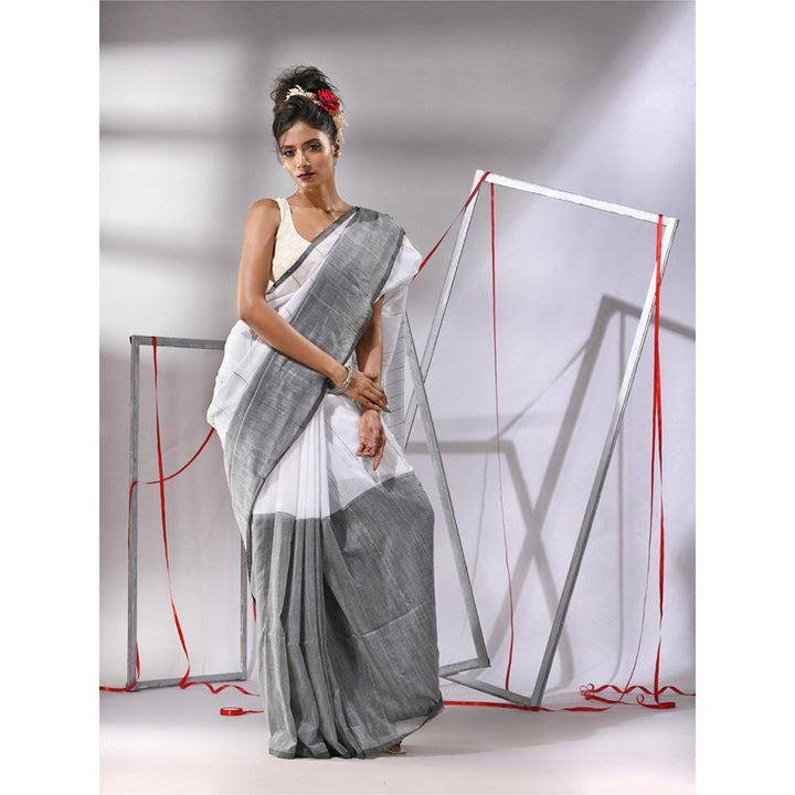 CHARUKRITI White Cotton Stripes Pattern Sequined Work Saree with Unstitched Blouse