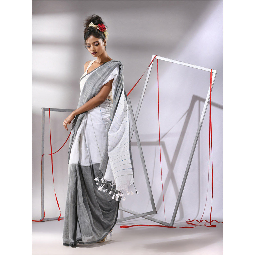 CHARUKRITI White Cotton Stripes Pattern Sequined Work Saree with Unstitched Blouse