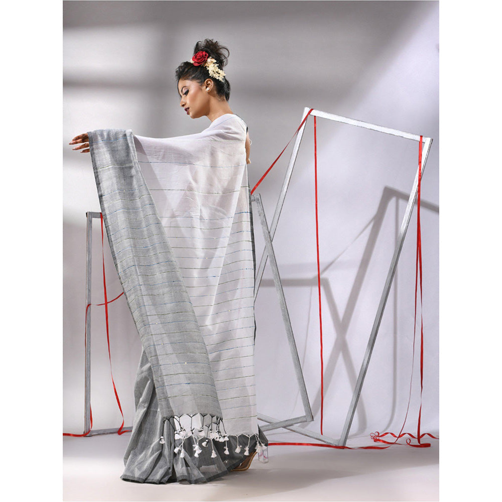 CHARUKRITI White Cotton Stripes Pattern Sequined Work Saree with Unstitched Blouse