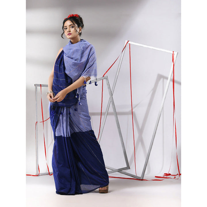 CHARUKRITI Blue Cotton Stripes Pattern Sequined Work Saree with Unstitched Blouse