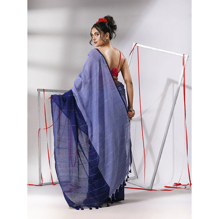 CHARUKRITI Blue Cotton Stripes Pattern Sequined Work Saree with Unstitched Blouse