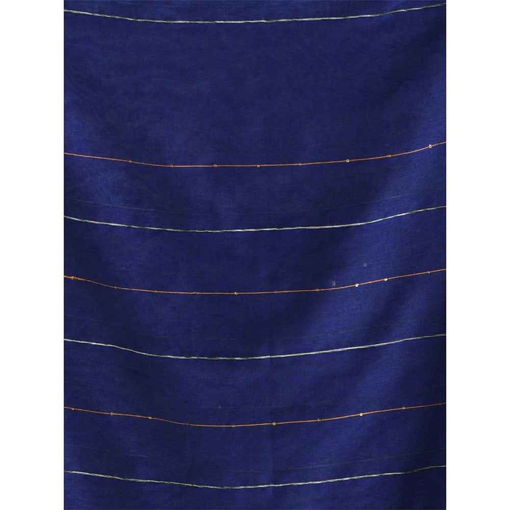 CHARUKRITI Blue Cotton Stripes Pattern Sequined Work Saree with Unstitched Blouse