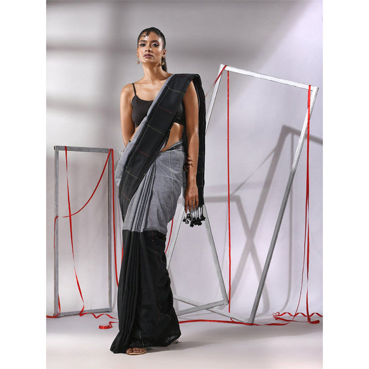 CHARUKRITI Black Cotton Stripes Pattern Sequined Work Saree with Unstitched Blouse