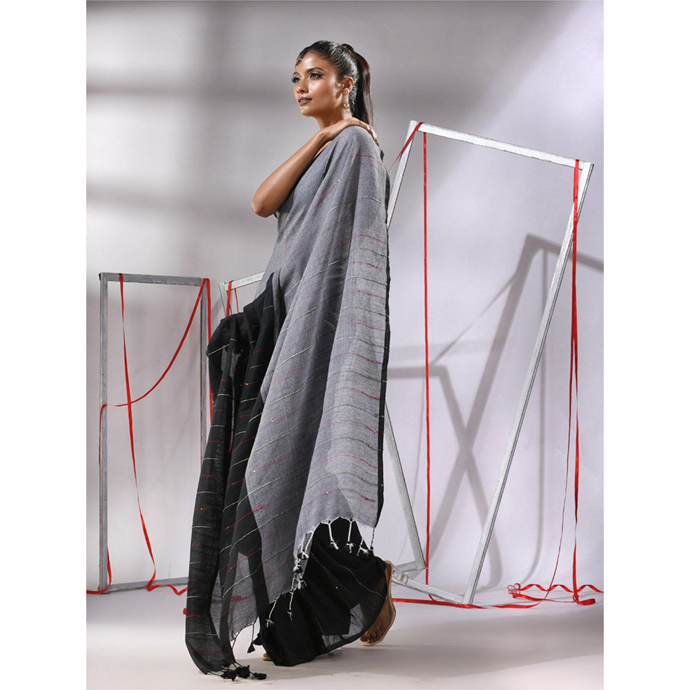 CHARUKRITI Black Cotton Stripes Pattern Sequined Work Saree with Unstitched Blouse