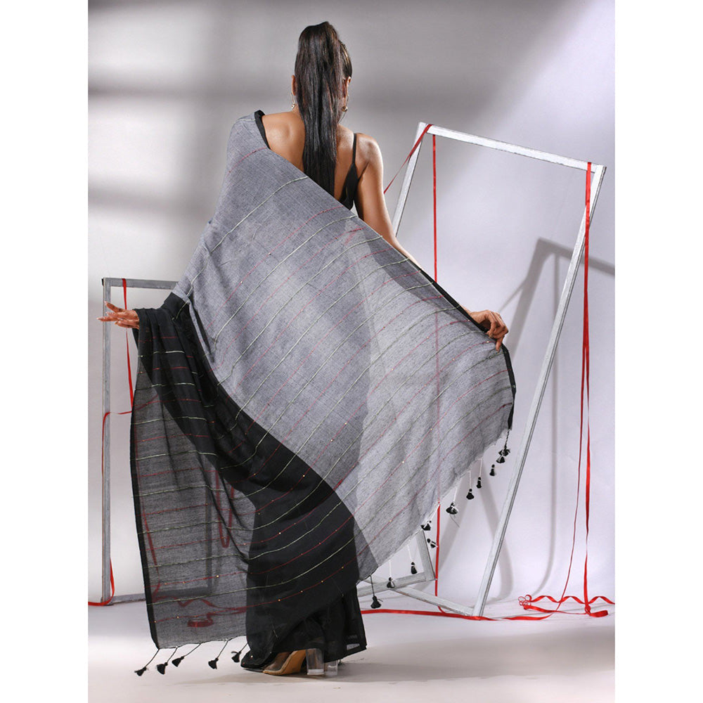 CHARUKRITI Black Cotton Stripes Pattern Sequined Work Saree with Unstitched Blouse