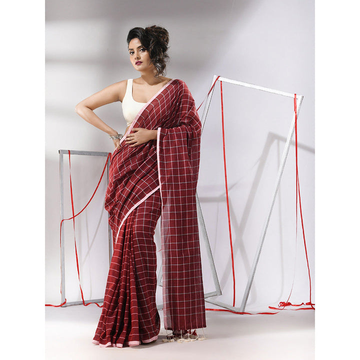 CHARUKRITI Dark Red Cotton Check Designs Saree with Unstitched Blouse