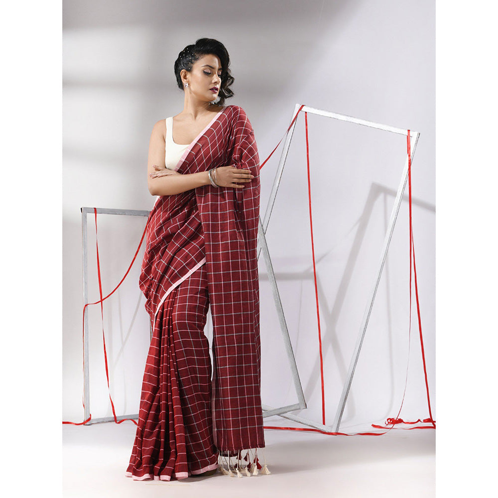 CHARUKRITI Dark Red Cotton Check Designs Saree with Unstitched Blouse