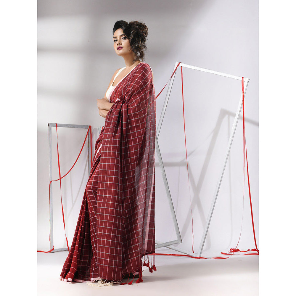 CHARUKRITI Dark Red Cotton Check Designs Saree with Unstitched Blouse