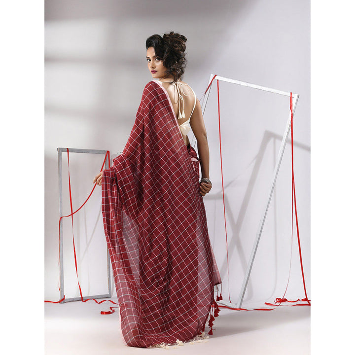 CHARUKRITI Dark Red Cotton Check Designs Saree with Unstitched Blouse