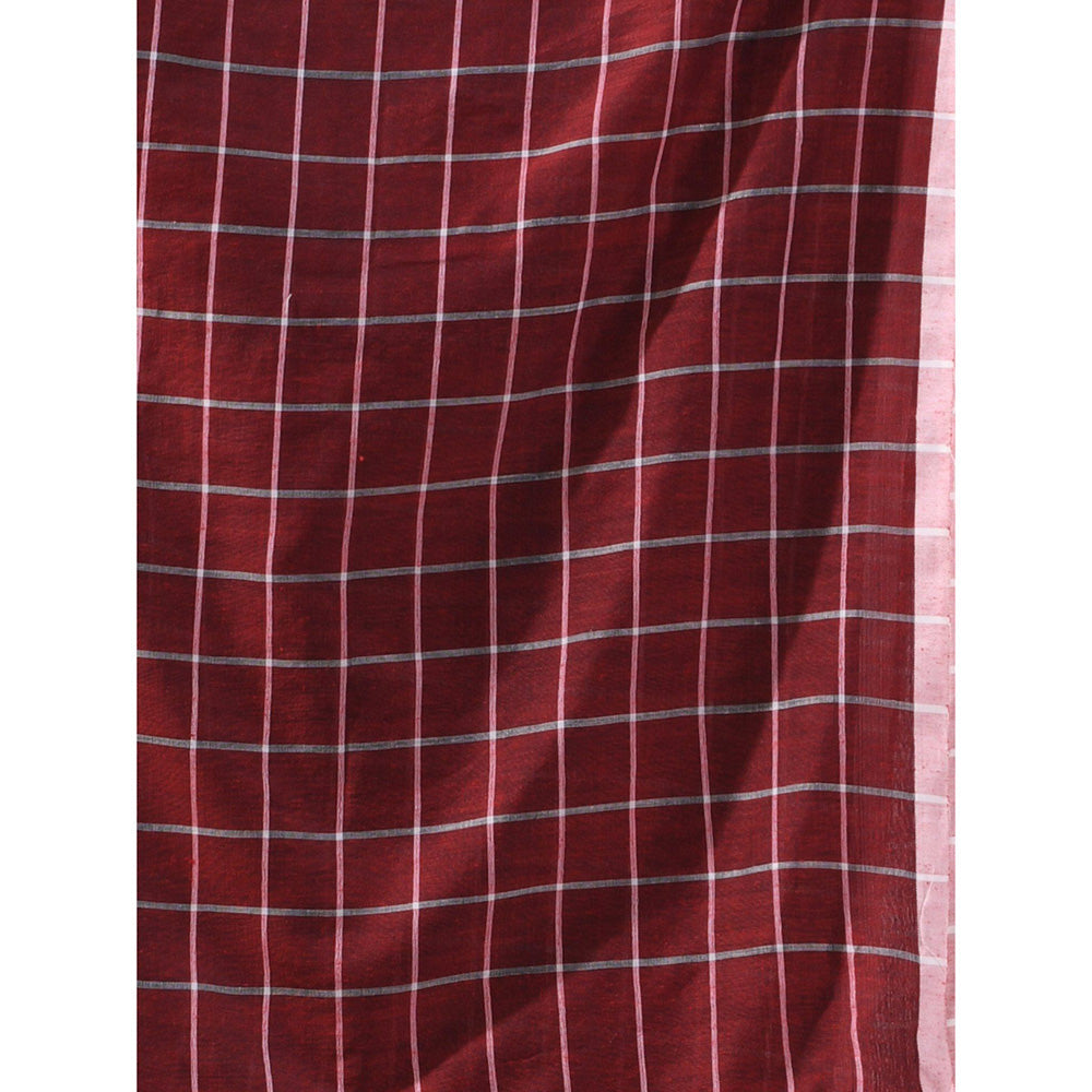 CHARUKRITI Dark Red Cotton Check Designs Saree with Unstitched Blouse