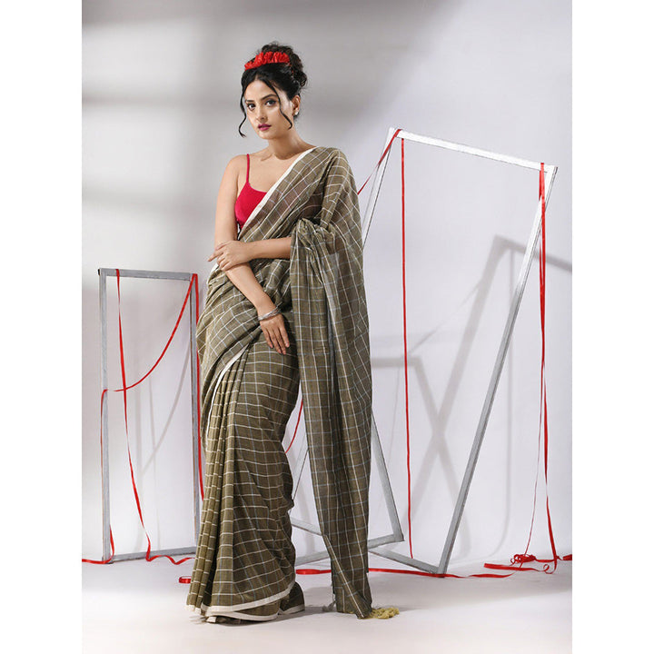 CHARUKRITI Green Cotton Check Designs Saree with Unstitched Blouse