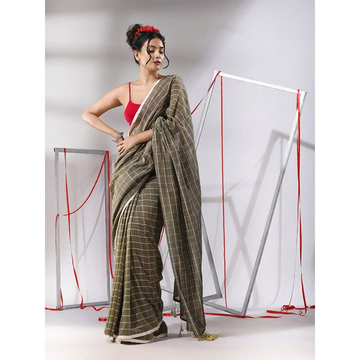 CHARUKRITI Green Cotton Check Designs Saree with Unstitched Blouse